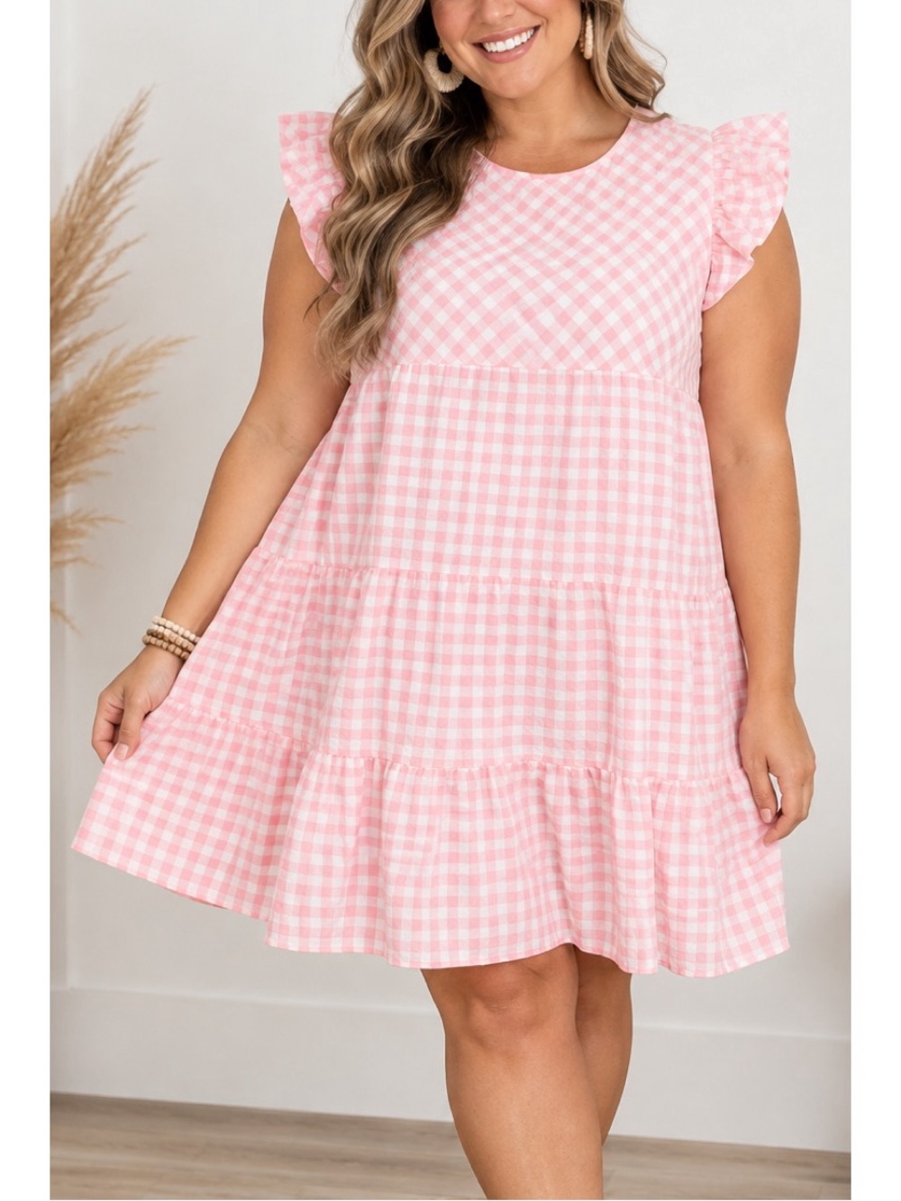Kori Plus Boutique Pink Seersucker Gingham Check Dress